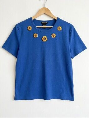 Vintage Morgan Cole Beaded Embroidered Sunflower Tee Knit TopXL Blue